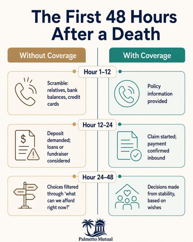 Side-by-side 48-hour timeline comparing the experience after a death with and without final expense insurance, from the first calls through the service decisions.
