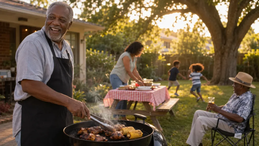 African American senior man grilling in his backyard while his family gathers nearby on a warm afternoon.