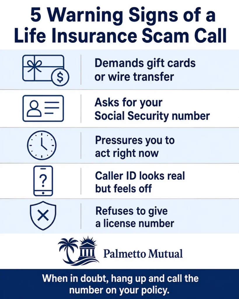 Infographic listing five warning signs of a life insurance scam call, including demands for gift cards, requests for a Social Security number, and high-pressure tactics, with advice to hang up and call the number on your policy.
