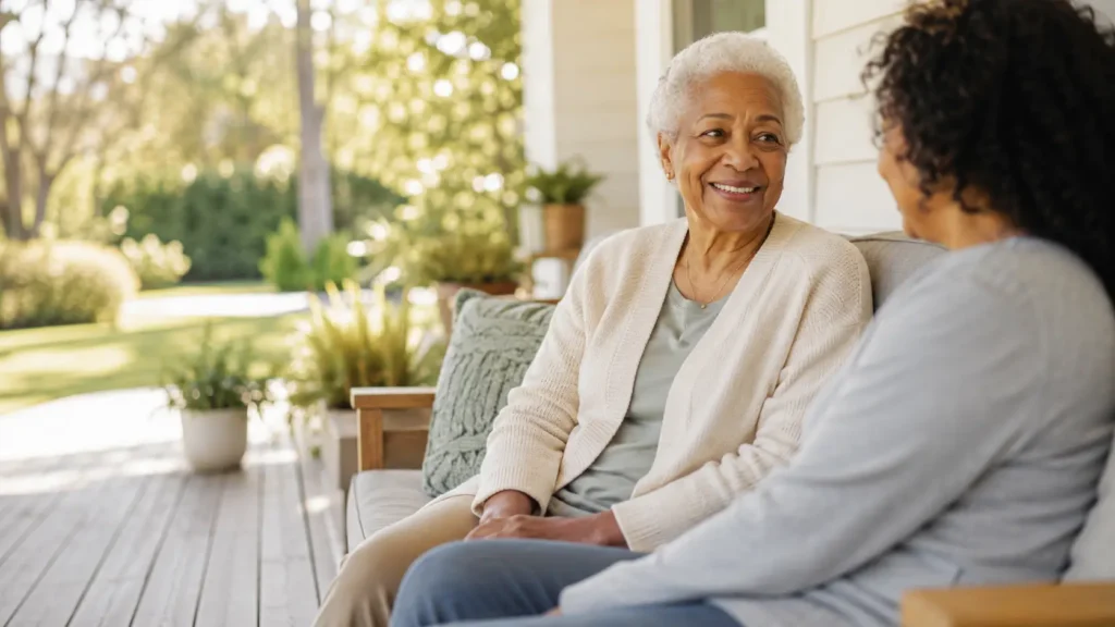 An older adult and their adult child sitting together on a front porch in calm morning light while talking through cremation and final expense planning.