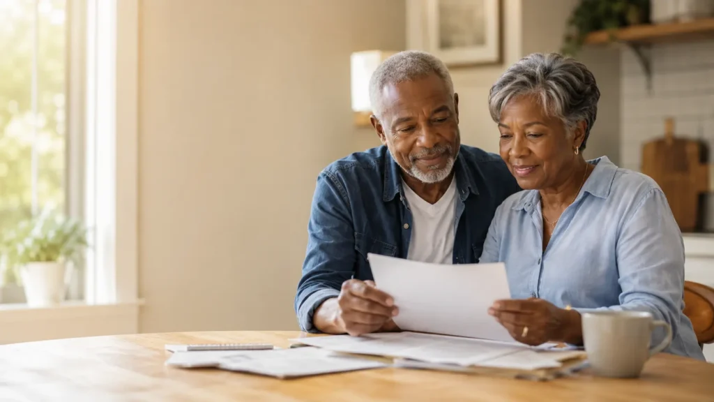 Senior couple calmly reviewing cremation insurance and final expense planning paperwork together at home.