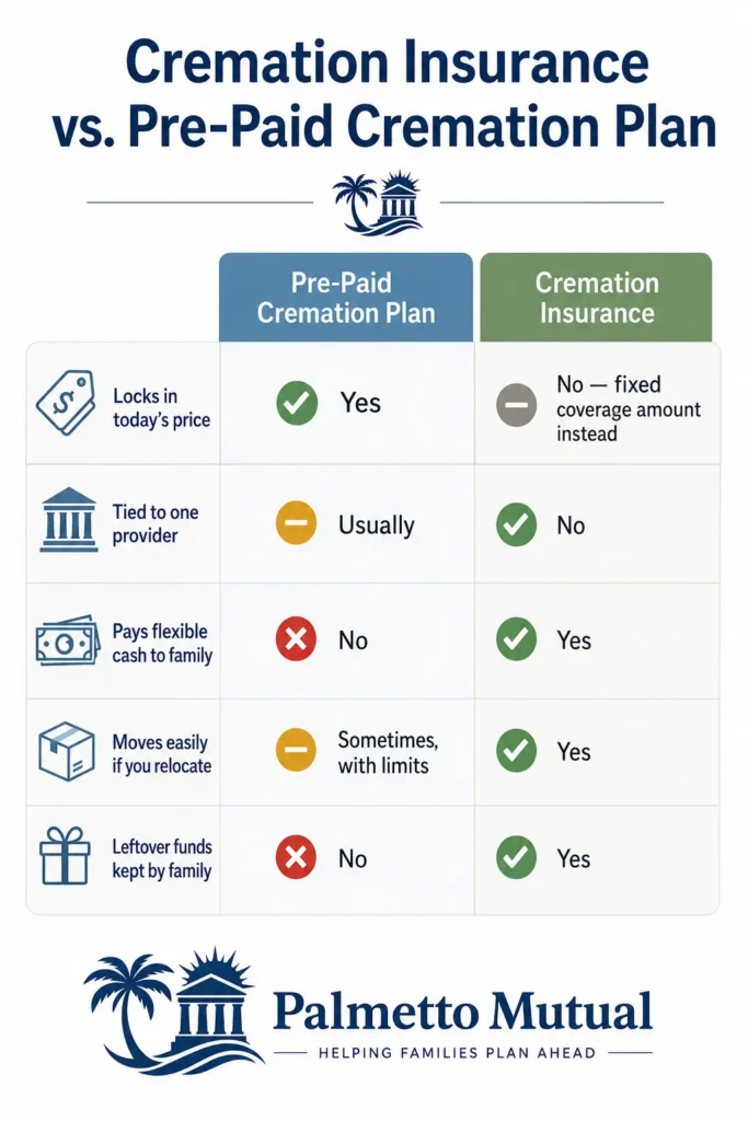 Comparison chart showing cremation insurance pays flexible cash to family and moves if you relocate, while a pre-paid cremation plan locks in price but ties funds to one provider.