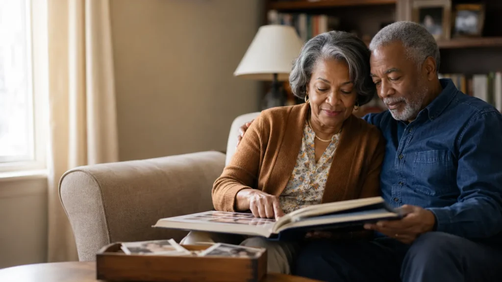 Senior couple sitting on a sofa looking through an old family photo album in soft window light.