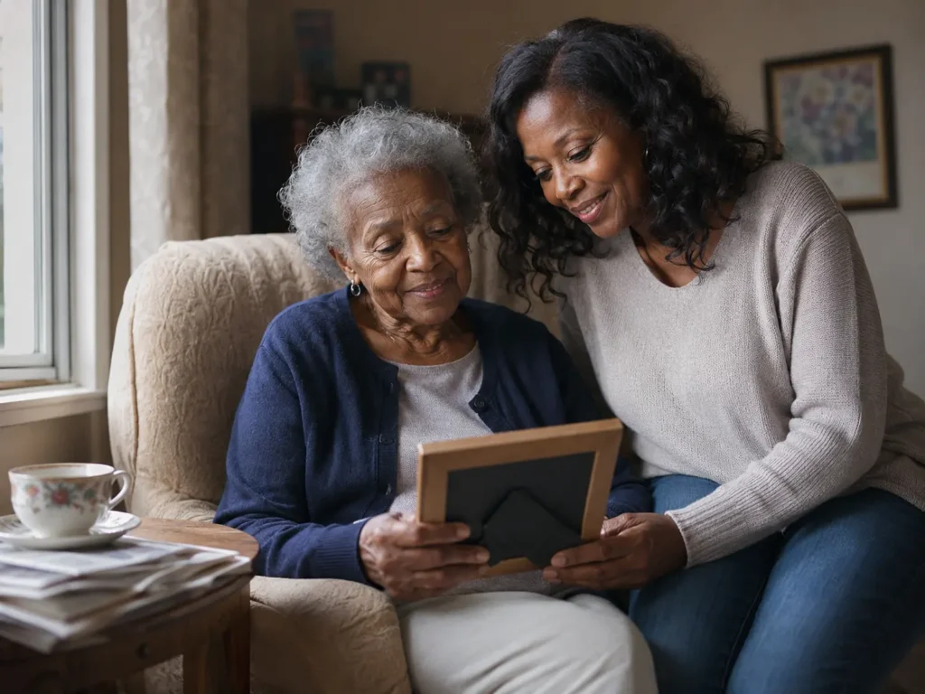 An elderly woman in her eighties sitting with her adult daughter in a sunlit living room, looking together at a framed family photograph.
