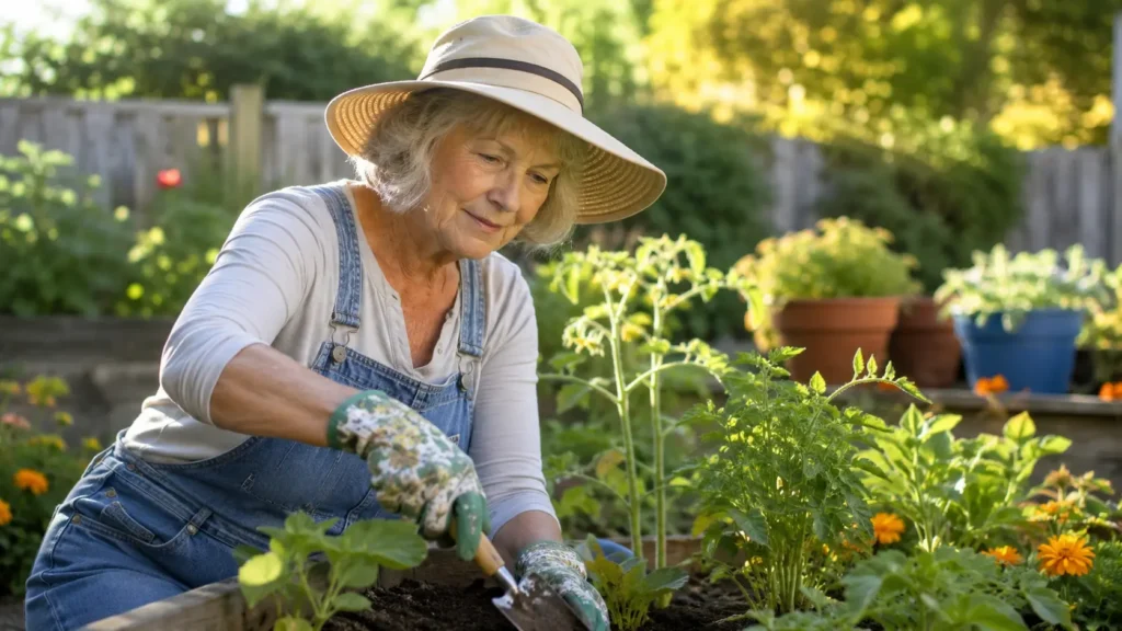 Active senior woman gardening in her backyard, representing a stable, healthy life after a stent placement and qualifying for final expense insurance.