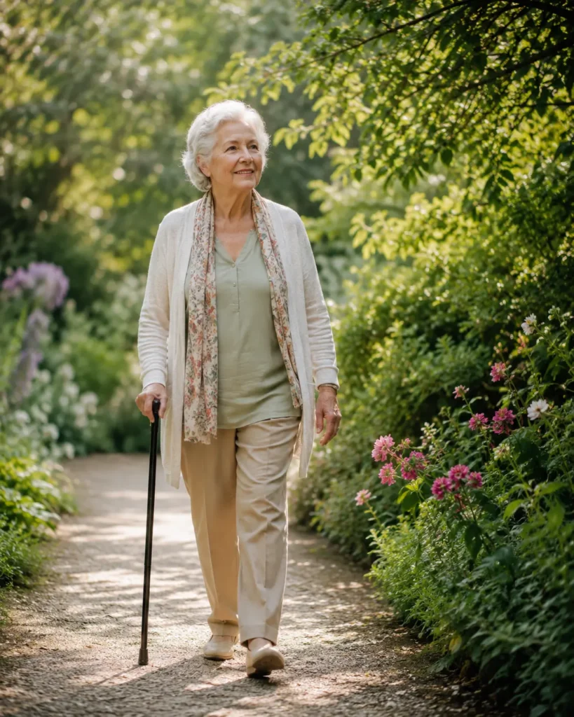 Senior woman walking with a cane along a peaceful garden path