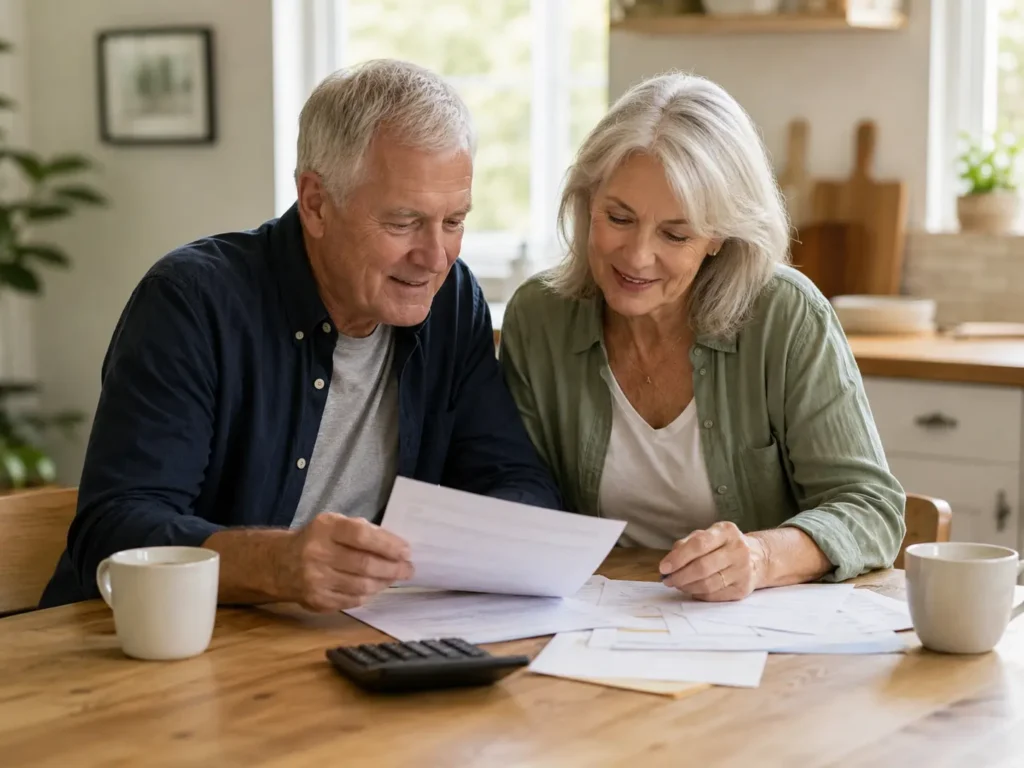 Senior couple reviewing final expense insurance costs at their kitchen table with a calculator
