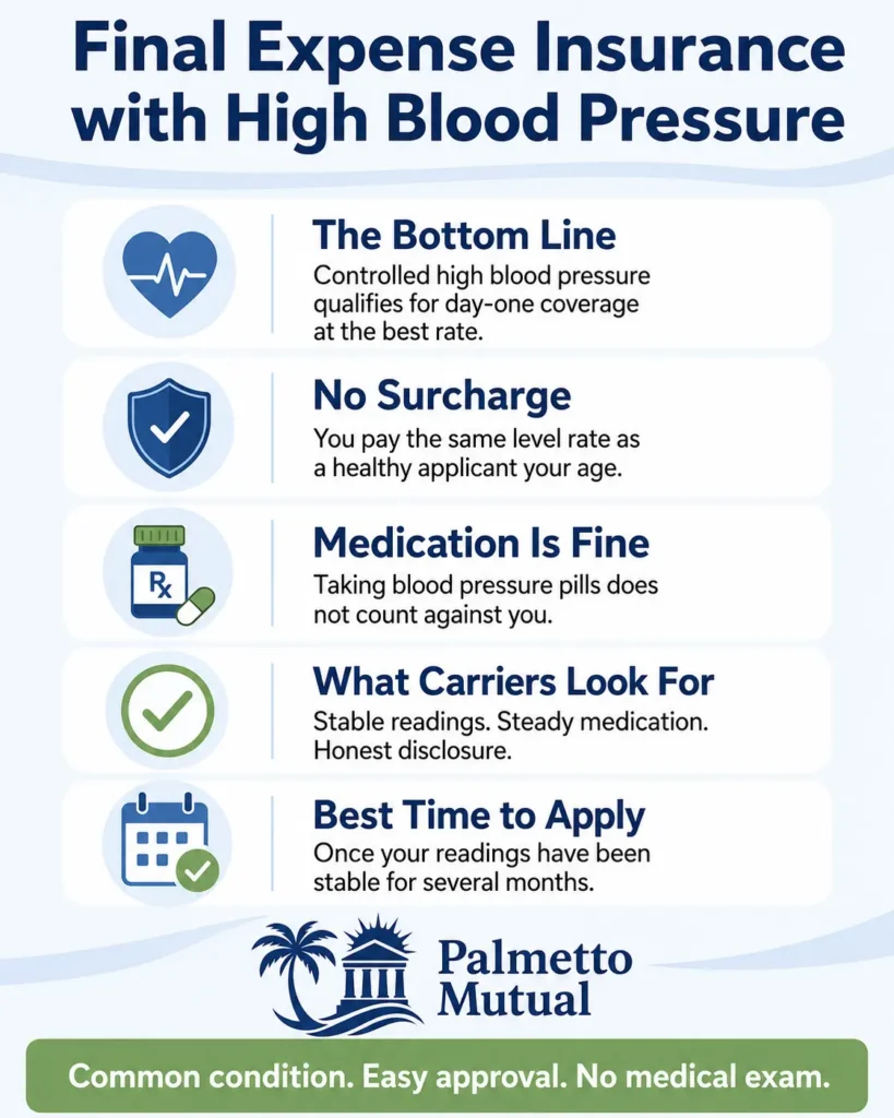 Infographic explaining that controlled high blood pressure qualifies for day-one final expense insurance at standard rates with no surcharge, no medical exam, and full coverage from day one.