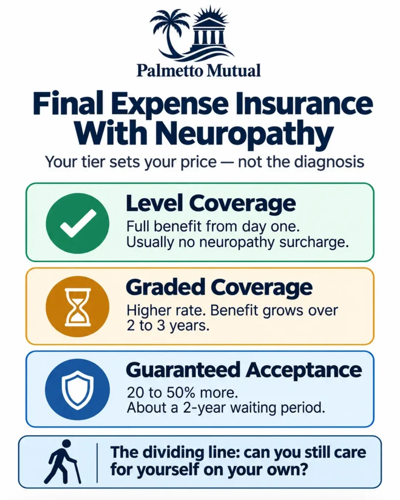 Infographic comparing the three final expense insurance tiers for applicants with neuropathy — level, graded, and guaranteed acceptance coverage — and the daily-living dividing line that determines which tier you reach.