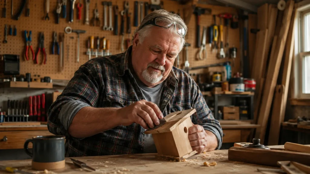 Heavier-set senior man sanding a wooden project at his workbench in a home garage workshop, illustrating final expense insurance for people with obesity.