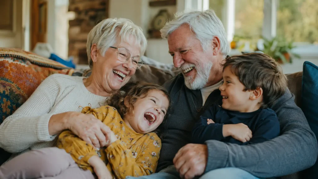 Senior couple laughing with their two grandchildren on a living room couch while researching final expense insurance with a pacemaker
