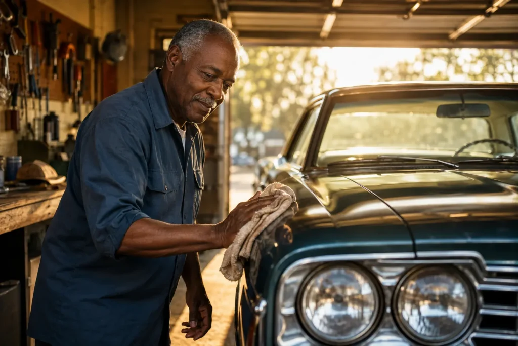 Senior man restoring and polishing a vintage classic car in his home garage.