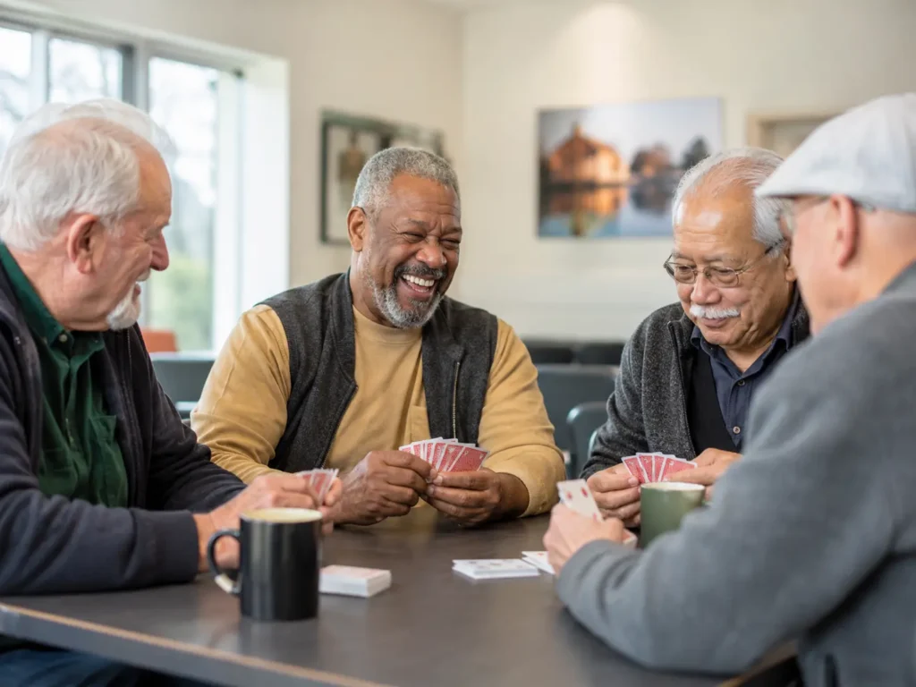 Senior men enjoying a friendly card game together, representing active independent living with rheumatoid arthritis.