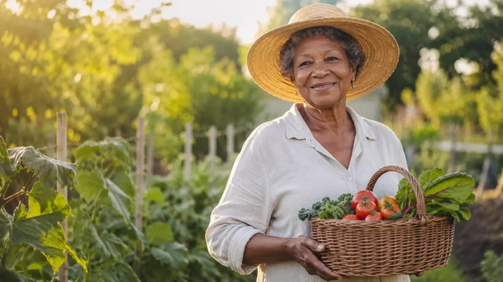 Smiling senior woman gardening outdoors in morning light, representing seniors with sarcoidosis exploring final expense insurance.