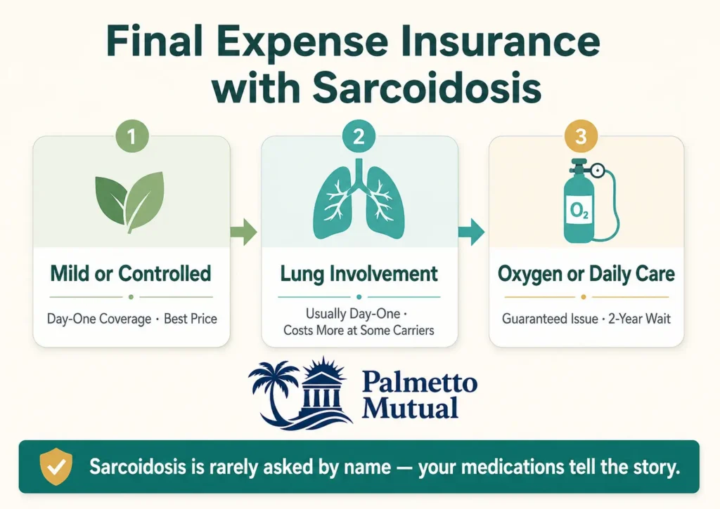 Infographic showing final expense insurance tiers for sarcoidosis: mild or controlled cases get day-one coverage at the best price, lung involvement may cost more at some carriers, and oxygen or daily-care needs lead to guaranteed-issue coverage with a two-year waiting period.