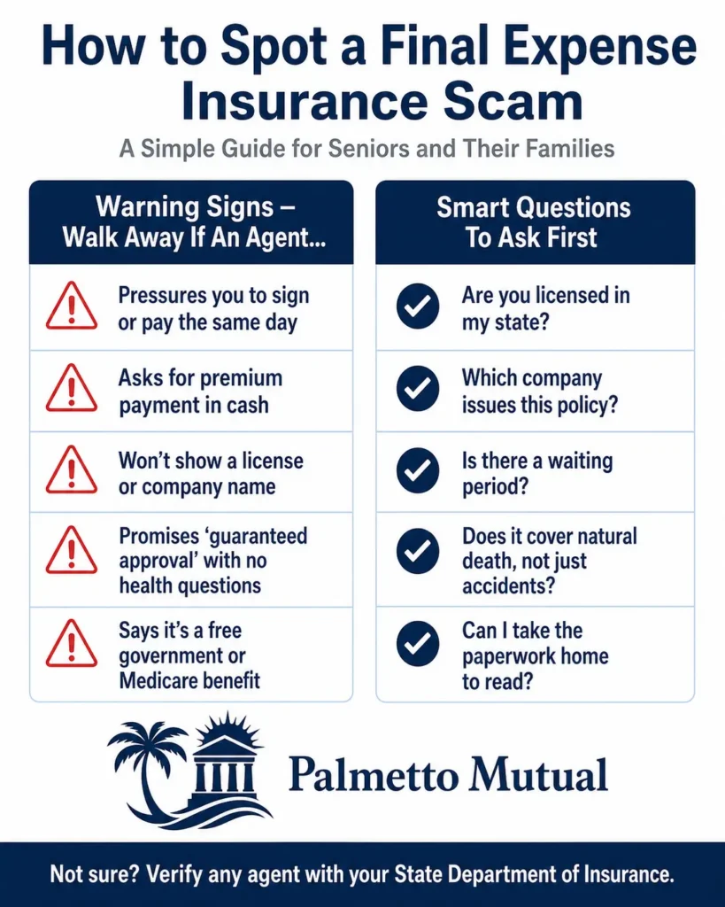 Infographic listing final expense insurance scam warning signs and smart questions to ask an agent before buying a policy