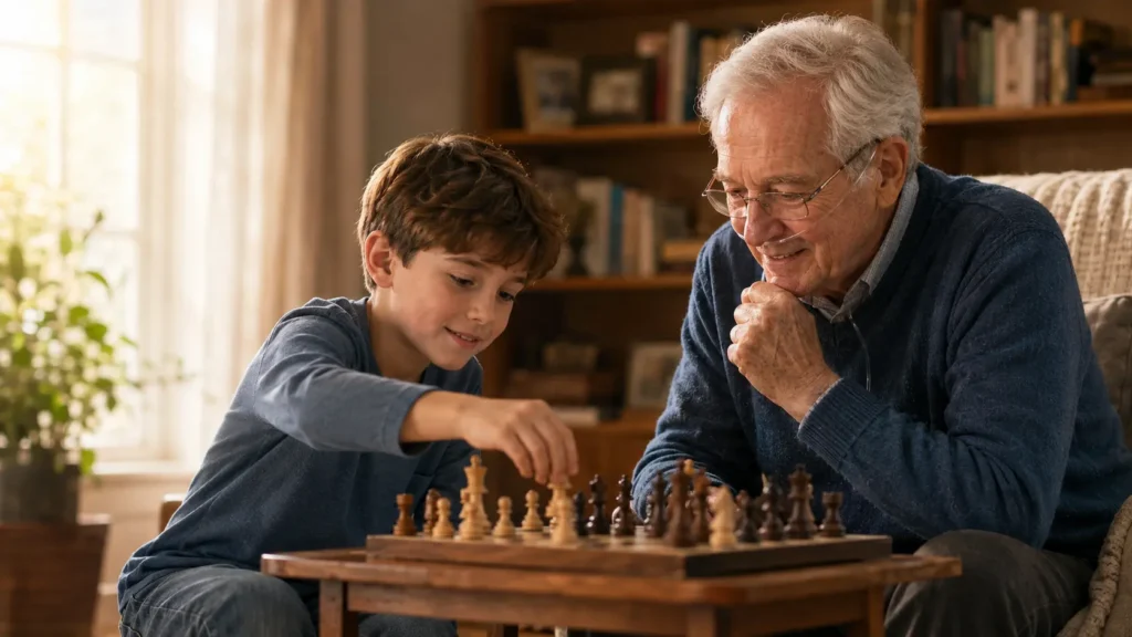 Senior man wearing reading glasses playing chess with his young grandson by a sunlit window at home, both smiling as they focus on the board.