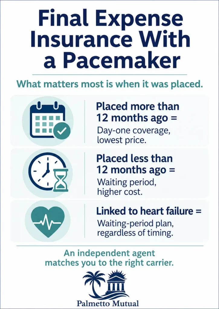 Infographic showing how the timing of a pacemaker placement affects final expense insurance coverage and cost, with day-one coverage after 12 months, a waiting period under 12 months, and a waiting period when linked to heart failure