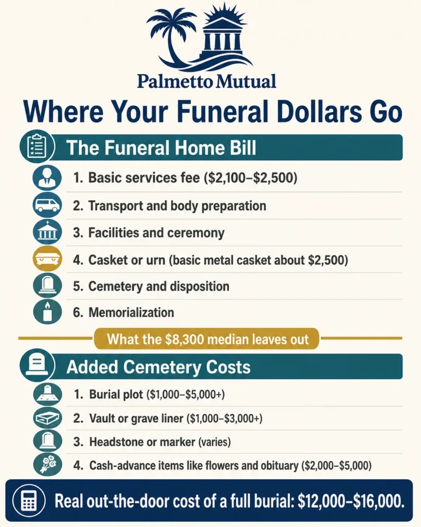 Infographic breaking down funeral home costs and the added cemetery costs the $8,300 median leaves out, showing a real full-burial total of $12,000 to $16,000.