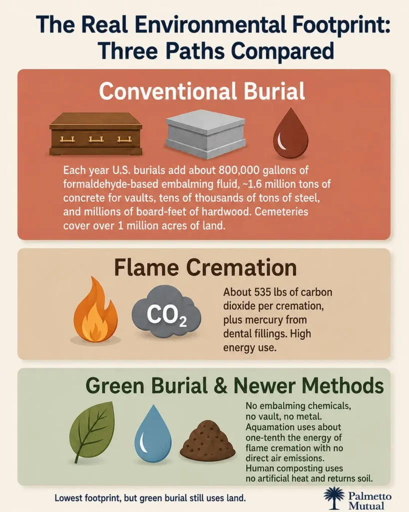 Infographic comparing the environmental footprint of conventional burial, flame cremation, and green burial, showing material use, carbon emissions, and energy from highest to lowest impact.
