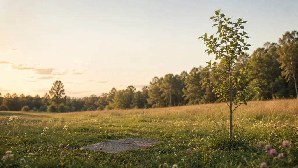 A quiet natural burial ground meadow at golden hour with native wildflowers and a small flat fieldstone marker, representing peaceful green burial and eco-friendly final expense planning.