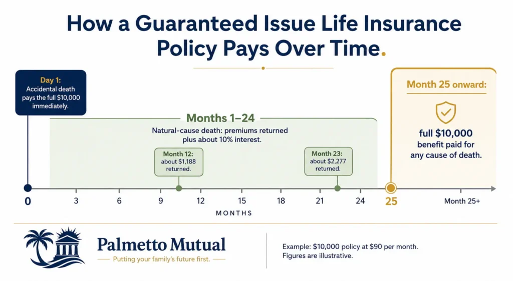 Timeline infographic showing how a guaranteed issue life insurance policy pays out over time: accidental death pays the full $10,000 from day one, natural-cause death during months 1 through 24 returns premiums plus about 10% interest (roughly $1,188 at month 12 and $2,277 at month 23), and from month 25 onward the full $10,000 benefit is paid for any cause of death, based on a sample $10,000 policy at $90 per month.