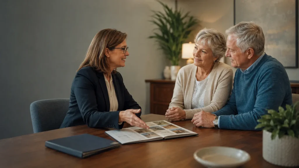 A senior couple meeting with a funeral director in an office, calmly reviewing service options and pricing while planning ahead.