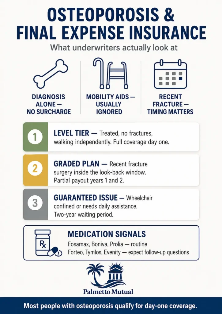Infographic showing how burial insurance carriers underwrite osteoporosis, including level, graded, and guaranteed issue tier placement and which medications trigger follow-up questions.