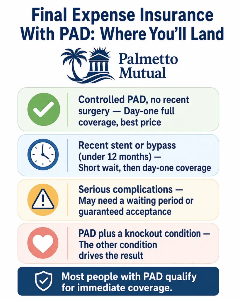 Infographic showing four peripheral artery disease scenarios and their final expense insurance outcomes, from day-one coverage for controlled PAD to waiting periods for serious complications.