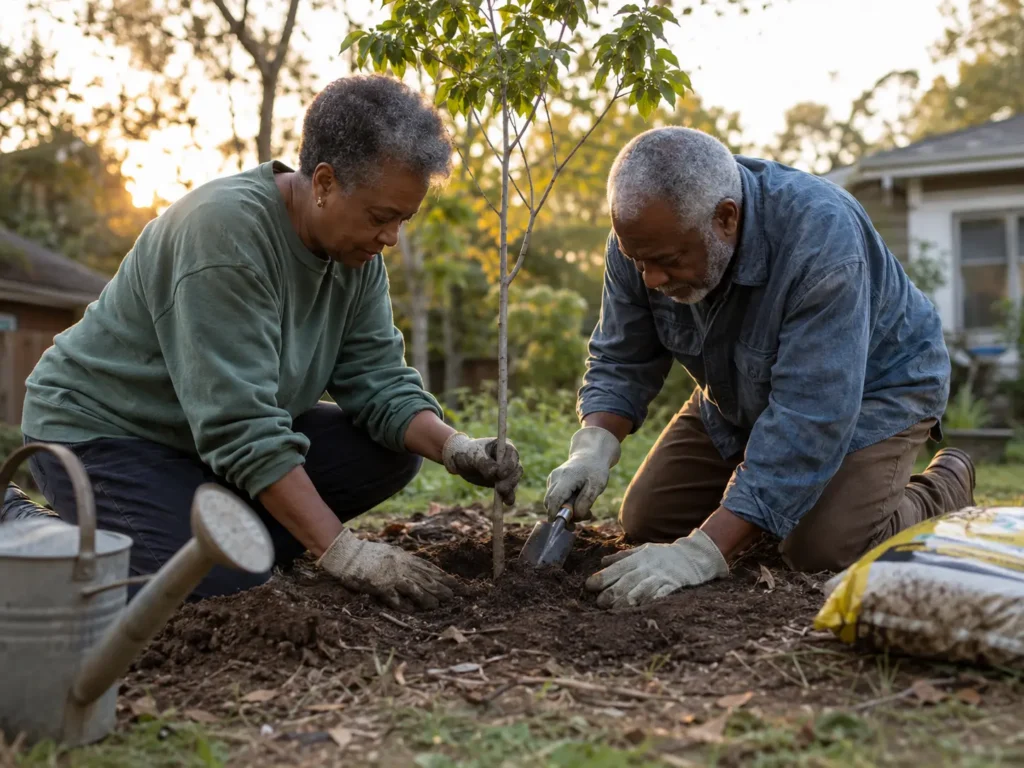A senior couple kneeling in their backyard planting a small tree together in late afternoon light.