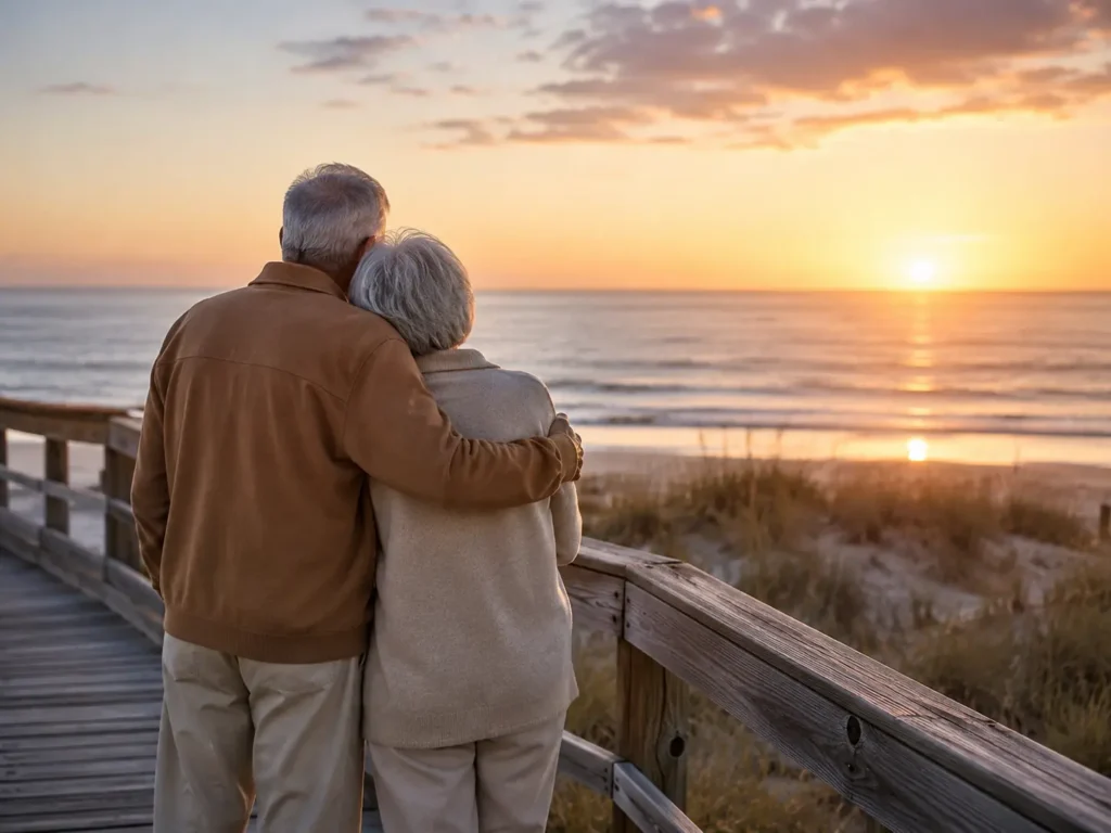 An older couple stands together on a wooden beach boardwalk watching the sunrise over a calm ocean.