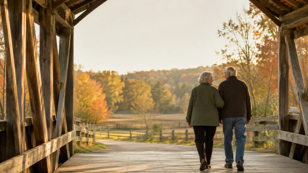 Senior couple walking together across a wooden covered bridge on a calm autumn morning