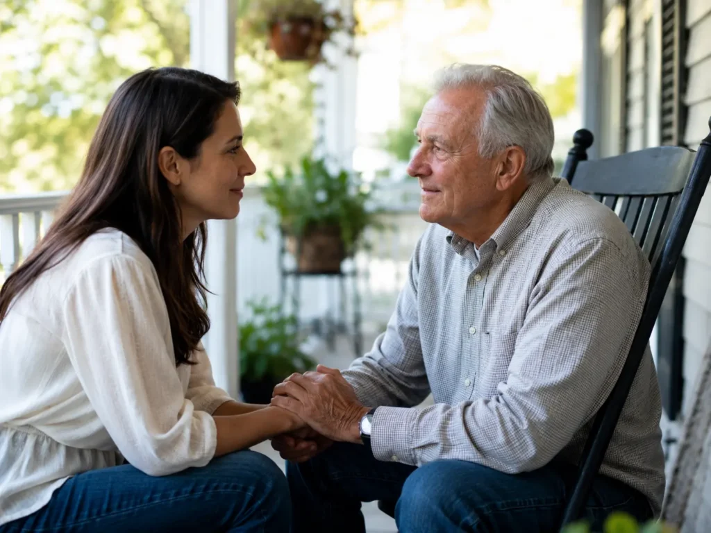 A senior man and his adult daughter sit together on a front porch holding hands, sharing a calm and reassuring moment while considering final expense planning.