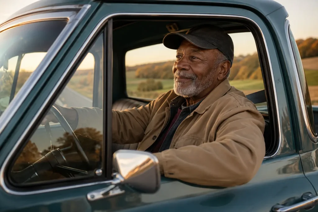 African American senior man taking a peaceful scenic drive in a vintage pickup truck on an open country road at golden hour.