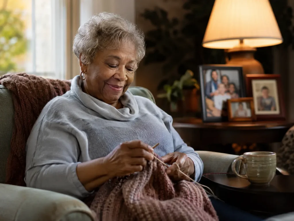 An African American senior woman relaxing and crocheting in a warm, cozy living room, reflecting the calm of having final expense coverage in place.