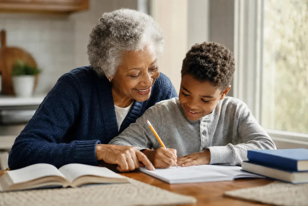 A senior woman patiently helping his young grandchild with homework at the kitchen table at home.
