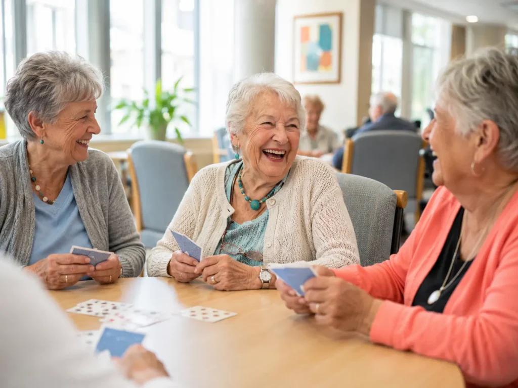 Senior woman laughing with friends during a group activity at a senior center.
