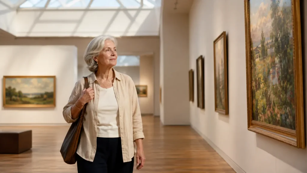 A senior woman walking thoughtfully through a bright art museum gallery, viewing framed paintings in warm natural light.