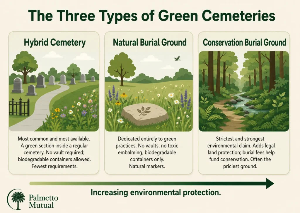 Infographic comparing the three types of green cemeteries — hybrid, natural, and conservation burial grounds — along a spectrum of increasing environmental protection.