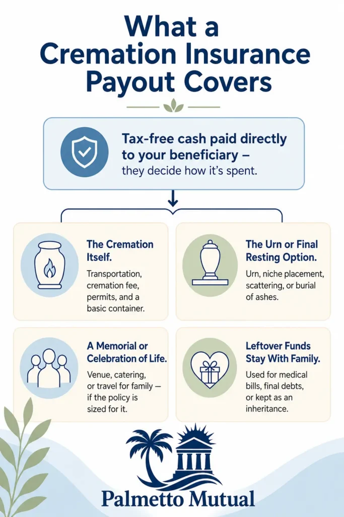 Diagram showing a tax-free cremation insurance payout going to the beneficiary, who can use it for the cremation, urn or resting option, a memorial service, with leftover funds kept by the family.